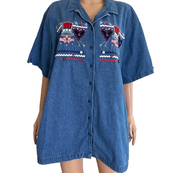 Bobbie Brooks top shirt button up jean/denim embroidered USA America SZ 26W - Picture 1 of 14